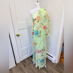 Floral Embroidered Sheer Green Sari